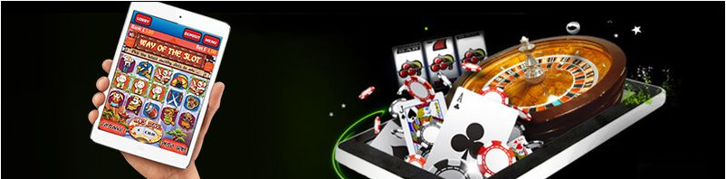 A hand holding a tablet playing on online casino game